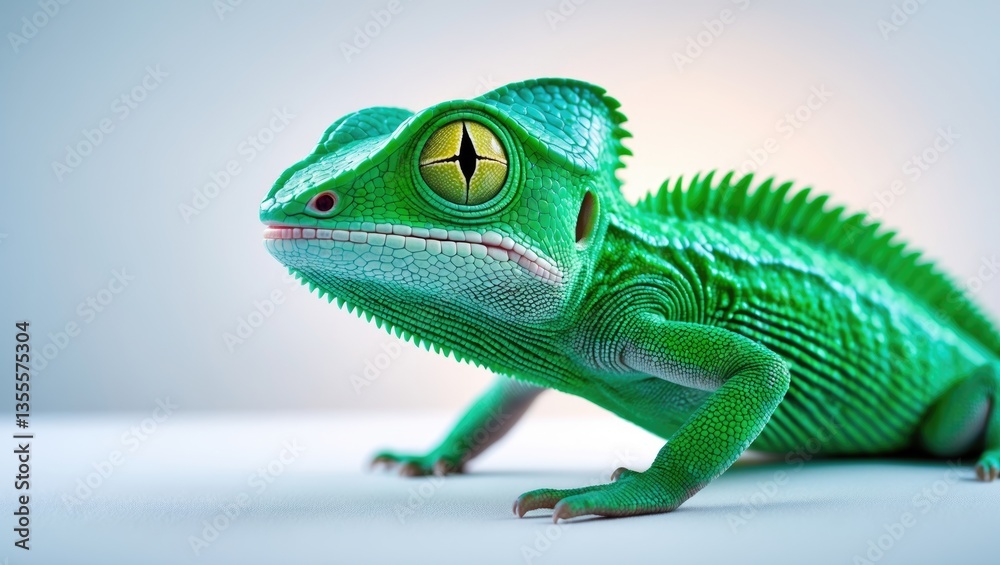 Fototapeta premium Green Juvenile Veil Chameleon lizard isolated on a background - Close-up