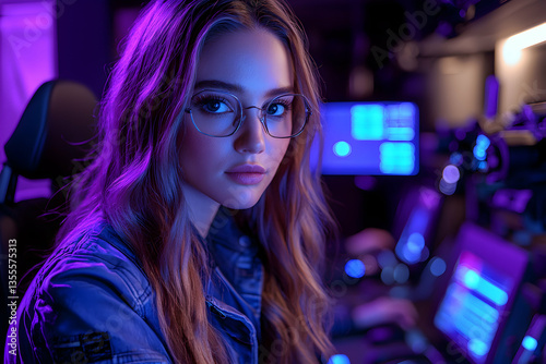 A young woman with glasses illuminated by neon lights in a tech environment. Suggesting use for modern technology advertising or artistic representations.