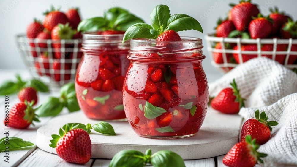 Homemade strawberry preserves with basil and intact berries in glass jars. selective focus Homemade strawberry preserves with basil and intact berries in glass jars. selective focus