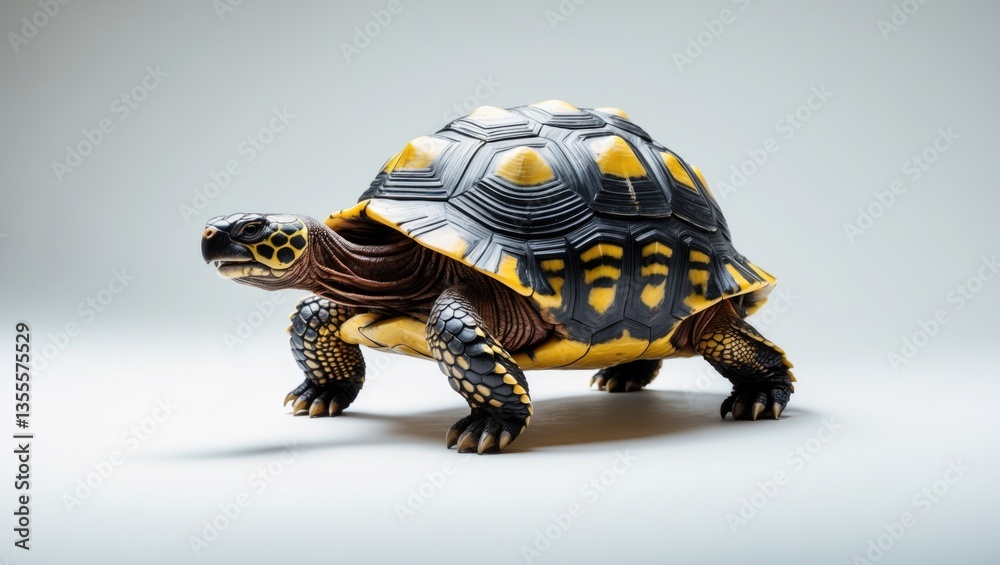 Obraz premium Hermann tortoise turtle against a white background, illuminated in the studio, shown in profile from the side in its entirety.