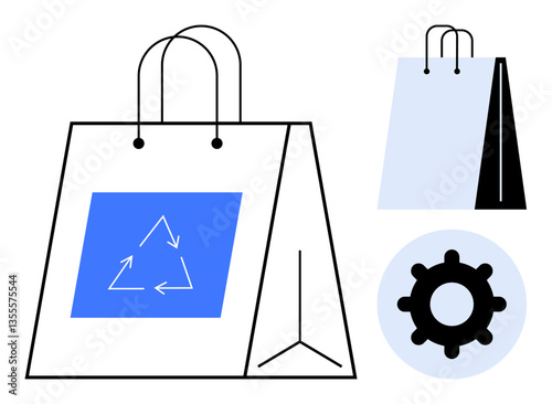 Reusable paper shopping bag featuring a recycling symbol and gear icon, promoting eco-conscious and sustainable living. Ideal for environmental awareness, eco-business, green economy, waste