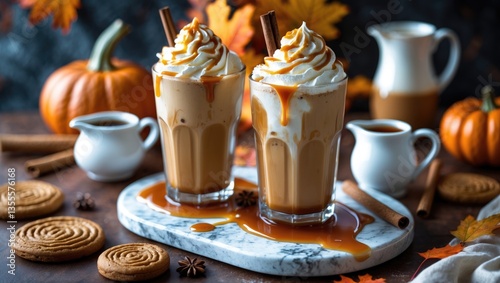 Fototapeta Naklejka Na Ścianę i Meble -  Iced pumpkin spice latte served in tall glasses adorned with whipped cream and caramel drizzle.