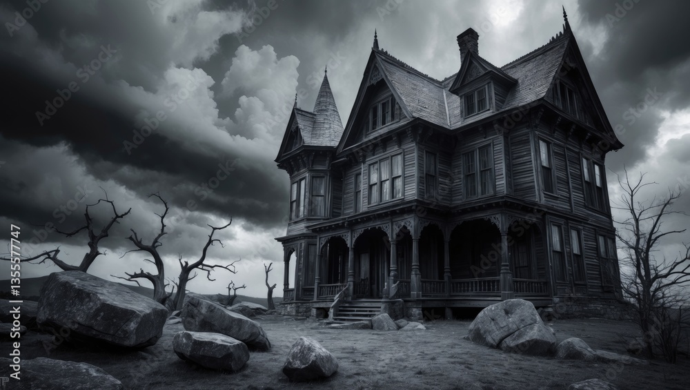 Obraz premium In a stormy atmosphere. Ancient wooden house. Haunted house.