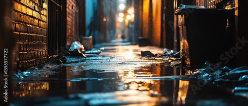 Rain-soaked alley with reflections at night showcasing urban atmosphere and texture in a vivid city street scene