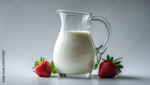 Jug of skim milk captured on a white background.