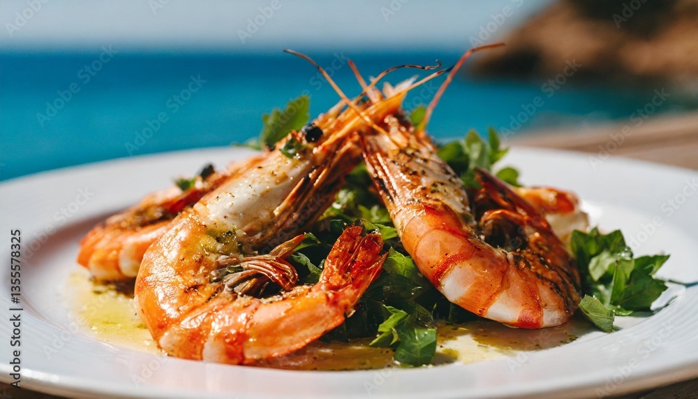 Freshly Grilled Prawns with Garlic Butter Shot Sideways on White Plate in Bright Mediterranean Coastal Sunlight Freshly Grilled Prawns with Garlic Butter Shot Sideways on White Plate in Bright Mediterranean Coastal Sunlight