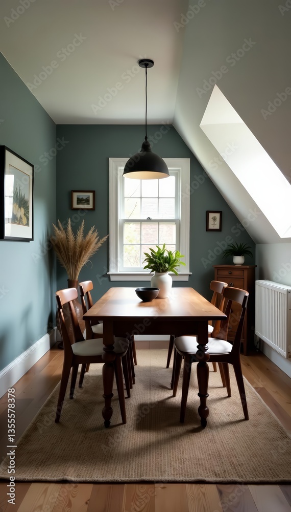 Cozy attic dining room with gray walls, white trim, vintage decor, and natural light, natural light, corner, gray Cozy attic dining room with gray walls, white trim, vintage decor, and natural light, natural light, corner, gray