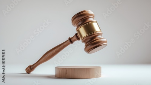 Judge's gavel for adjudication set against a neutral background. Wooden auction hammer resting on a wooden base. Law and justice theme.