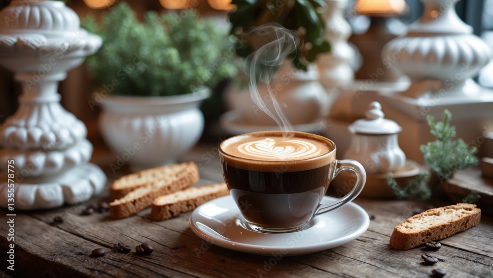 Charming café displaying a steaming cup of coffee, elegant white decor, and biscotti on a wooden table, perfect for a relaxing moment. Charming café displaying a steaming cup of coffee, elegant white decor, and biscotti on a wooden table, perfect for a relaxing moment.