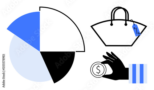 Pie chart segmenting data, shopping bag with tag, and hand holding dollar coin indicate financial analysis, budgeting, spending, and retail concept. Ideal for finance, economics, investment