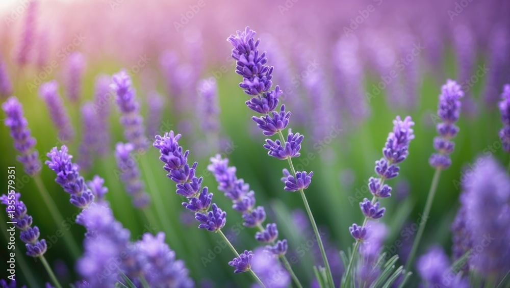 Lavender surrounded by a bokeh background, featuring vibrant violet flower spikes rising above blurred green foliage. Space for copying. Lavender surrounded by a bokeh background, featuring vibrant violet flower spikes rising above blurred green foliage. Space for copying.