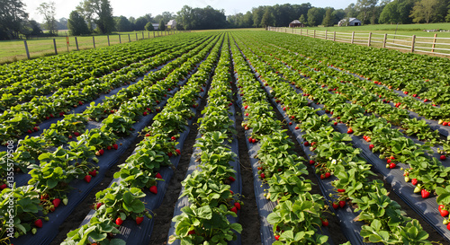 Strawberry Field Rows of Berries Growing in Rural Farm Landscape
