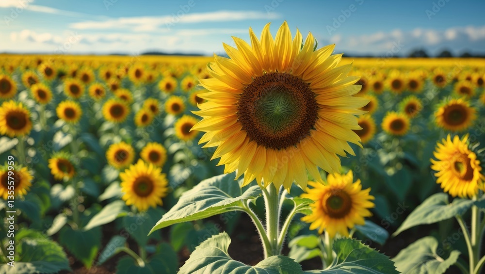 Fototapeta premium Large yellow sunflowers blossomed in a farm field. The agricultural sector, production of sunflower oil, honey. Healthy ecology organic farming, and nature backdrop.
