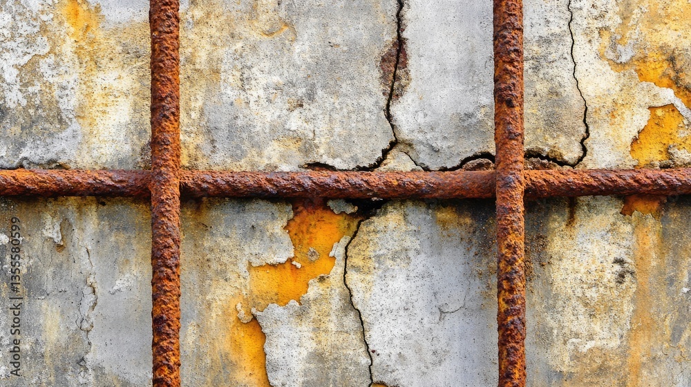 Close-up of an old cracked concrete pillar with exposed rusted steel reinforcement bars.