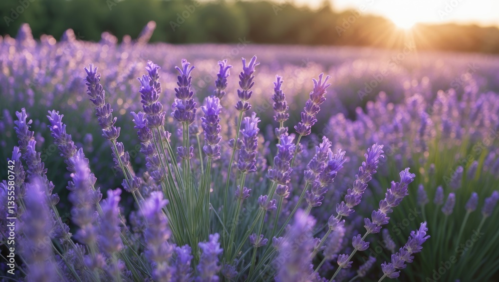 Obraz premium Lavender flowers glowing in the sunset.