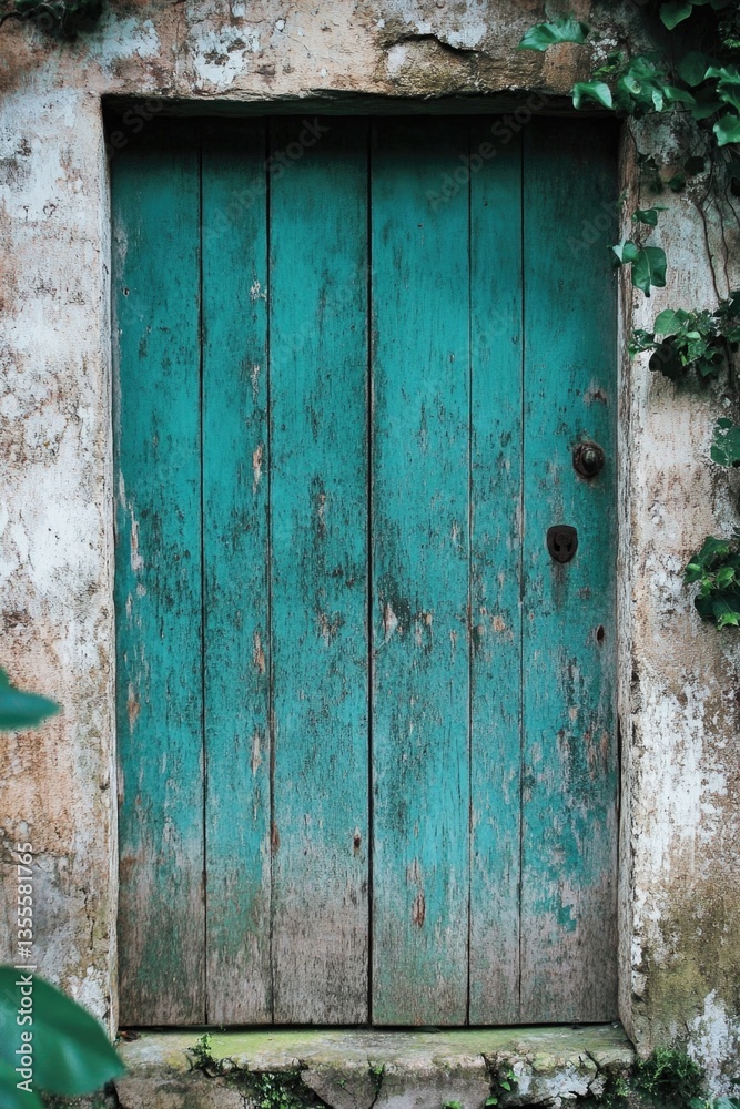 An up-close perspective of an aged teal door framed by a natural setting. An up-close perspective of an aged teal door framed by a natural setting.