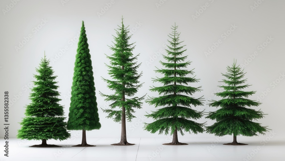 Obraz premium Collection of conifer trees featuring green trees isolated on a white background.
