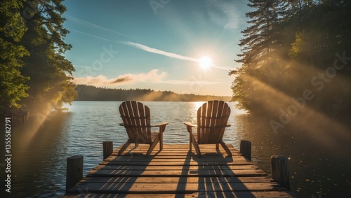 Cottage life - Dawn on two unoccupied chairs positioned on a dock by a lake. The sunlight casts long shadows on the wooden pier.