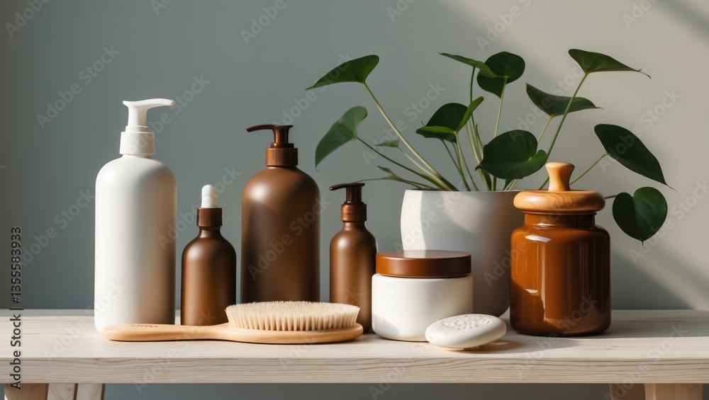 Different bath accessories and houseplant arranged on a white table in front of a grey background. Different bath accessories and houseplant arranged on a white table in front of a grey background.