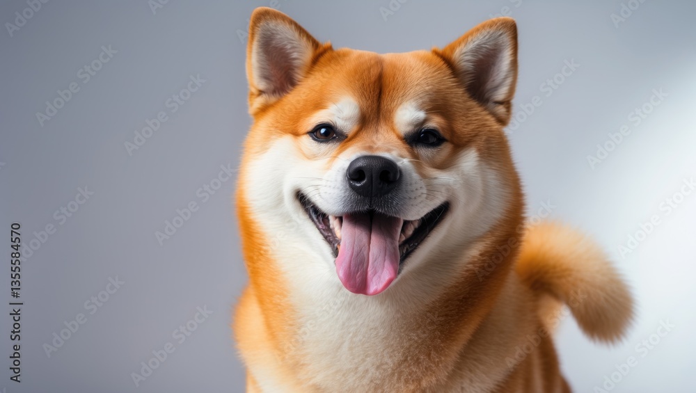 Happy Shiba Inu dog with a grin, studio capture. This delightful dog's joy and fluffy fur are endearing.