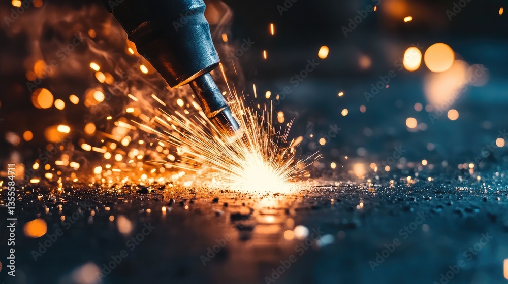 Close-up of welding sparks flying against a vibrant blue background, creating an industrial glow.