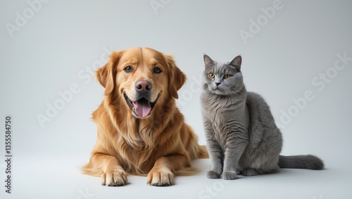 Happy smiling dog and cat facing the camera, isolated on white.