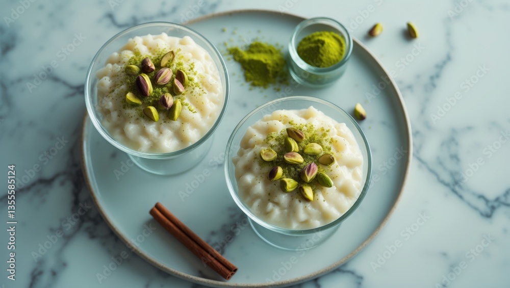Creamy rice pudding garnished with pistachio and cinnamon served in a glass bowl on a marble table. Minimal, bright, and airy background. Space for text. Overhead view.