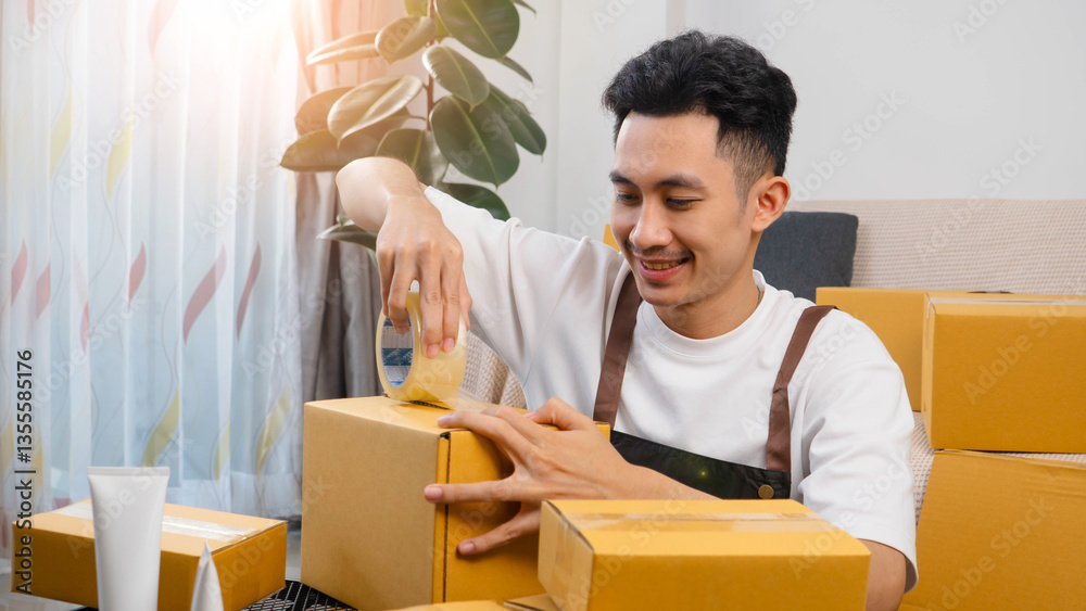 start a small business SME. Man use scotch tape to attach parcel boxes to prepare goods for the process of packaging at home. To prepare to pack boxes for sale to customers, Shopping Online concept. start a small business SME. Man use scotch tape to attach parcel boxes to prepare goods for the process of packaging at home. To prepare to pack boxes for sale to customers, Shopping Online concept.