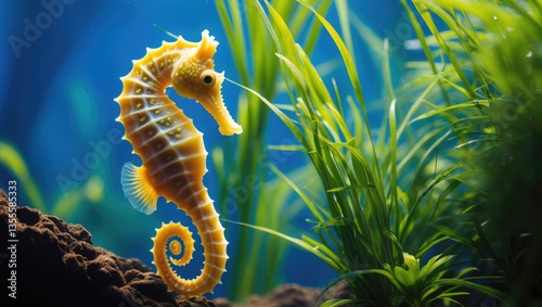 common estuary yellow seahorse observed resting on aquatic grass in a tropical water aquarium