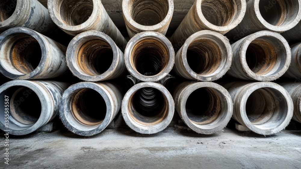 Collection of large-diameter drainage pipes made of reinforced concrete, neatly arranged in a storage area. Collection of large-diameter drainage pipes made of reinforced concrete, neatly arranged in a storage area.