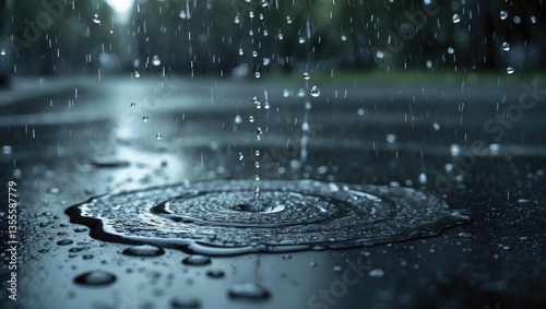 Heavy rainfall on the pavement