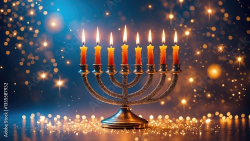 Hanukkah Menorah - Candles Glimmering Among Stars In Shining Lights - Abstract Blurred Background