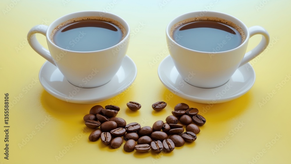 Fototapeta premium Creative arrangement featuring cups and coffee beans on a colorful backdrop.