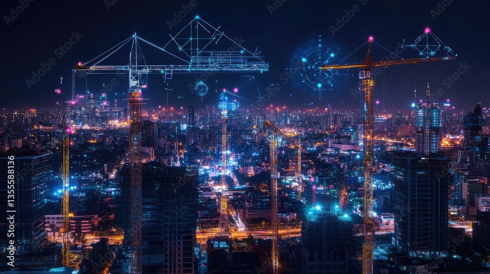 Obraz premium Digital blueprint overlay on a construction site, showcasing smart building technology.