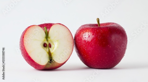 Red apple cut in half isolated on a white background.