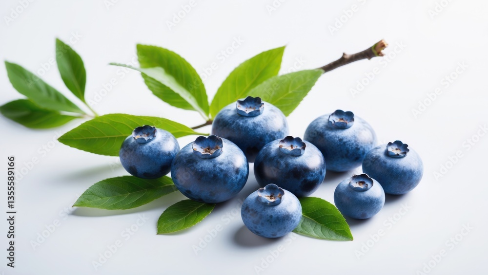 Close-up of blueberries with leaves on a branch against a white background. Close-up of blueberries with leaves on a branch against a white background.