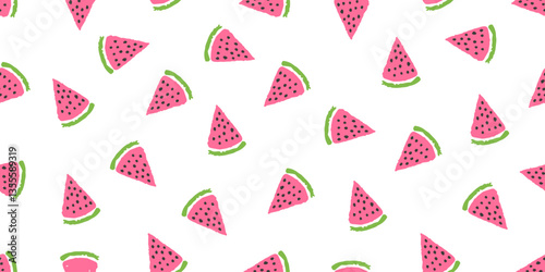 Cute pastel colors seamless pattern with hand drawn pink watermelon slices with black seeds. Bright sweet summer red juicy fruit print for kids design, wallpaper, textile, wrapping paper