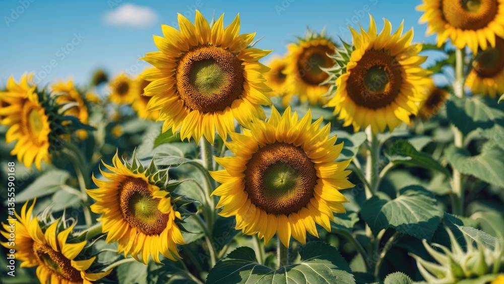 Fototapeta premium golden sunflowers flourish in this bright close-up of these vibrant showy blooms