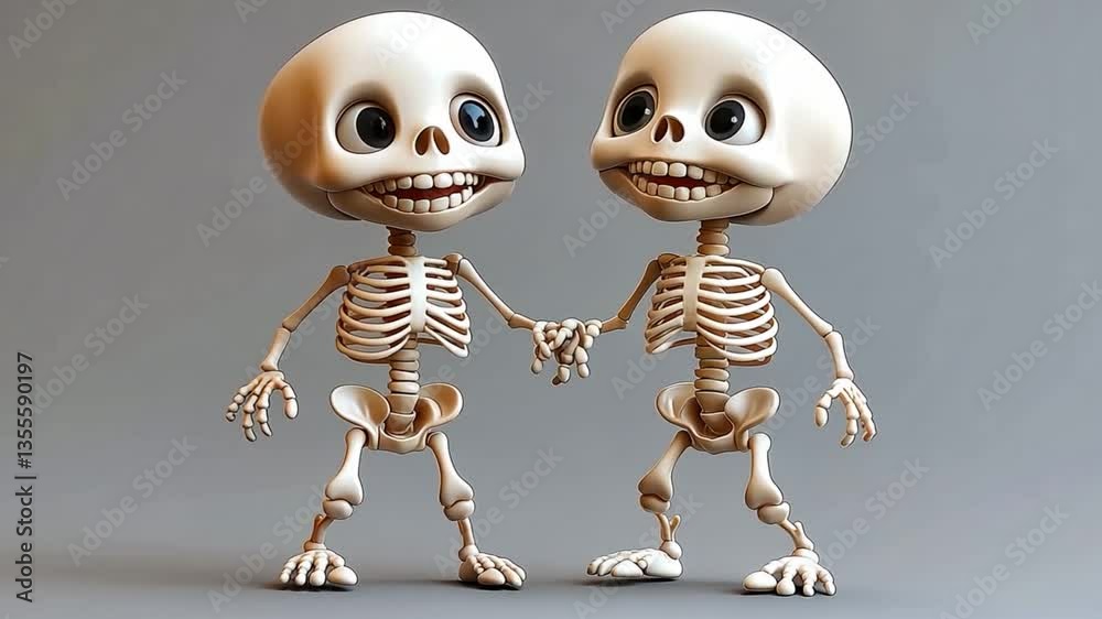 Cartoon skeletons, holding hands, studio setting, background gray, possible use for Halloween or children's book illustration