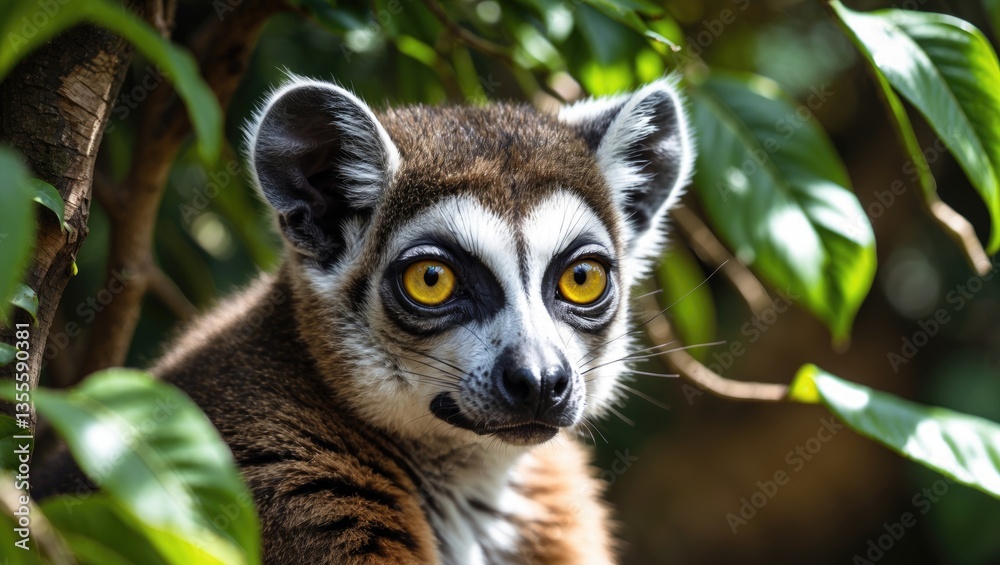 Fototapeta premium Close-up of a lemur with captivating yellow eyes hidden within vibrant green foliage in its natural habitat.