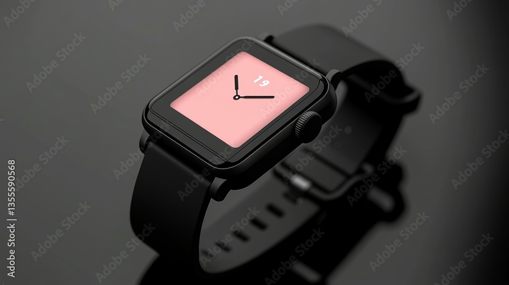 Sleek black smartwatch with coral face displaying 119, angled on reflective surface.