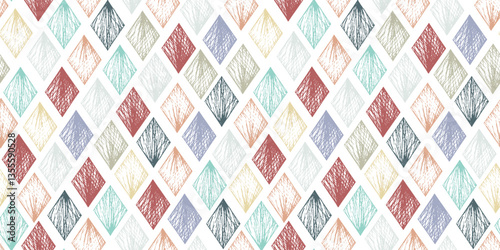 Abstract vector pastel blue and red textured hand drawn rhombus seamless pattern. Geometric print with unique rhomb shapes for aztec textile design, wrapping paper, surface, lozenge background