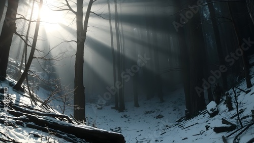 Una toma de seguimiento de un sendero sinuoso a través de un bosque de secuoyas gigantes, con la luz del sol creando haces dramáticos a través de la niebla, al estilo de una escena de aventura en un m