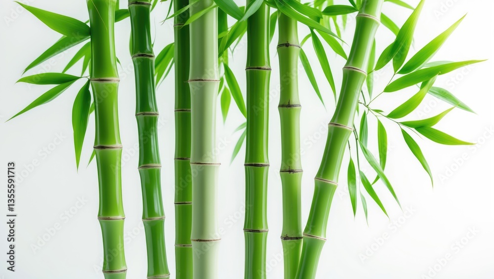 Fototapeta premium Green bamboo with leaves cut out on a white background featuring a clipping path and complete depth of field.