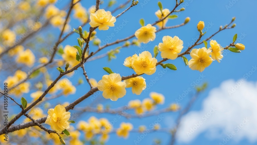 Golden apricot blossoms embellish branches, a brilliant display of yellow tones, signaling the onset of spring with fragrant beauty and nature's lively festivity. Golden apricot blossoms embellish branches, a brilliant display of yellow tones, signaling the onset of spring with fragrant beauty and nature's lively festivity.