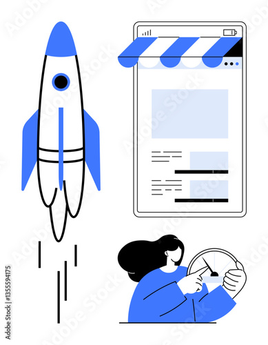 Rocket launching near an online storefront and woman using a speed gauge highlights progress, digital tools, innovation, e-commerce, and optimization. Ideal for startup, business, technology