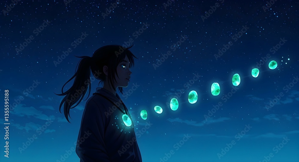 A Mystical Journey: A girl stands under a night sky, connected to floating orbs. The image evokes feelings of wonder and mystery. A Mystical Journey: A girl stands under a night sky, connected to floating orbs. The image evokes feelings of wonder and mystery.
