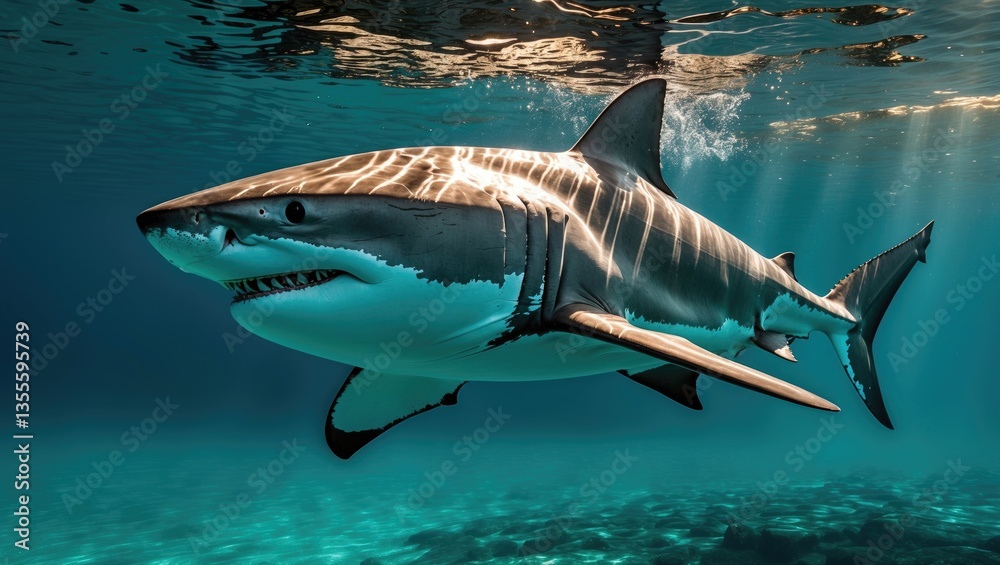 Fototapeta premium Great white shark swimming beneath sun rays in the blue ocean with its four main fins.