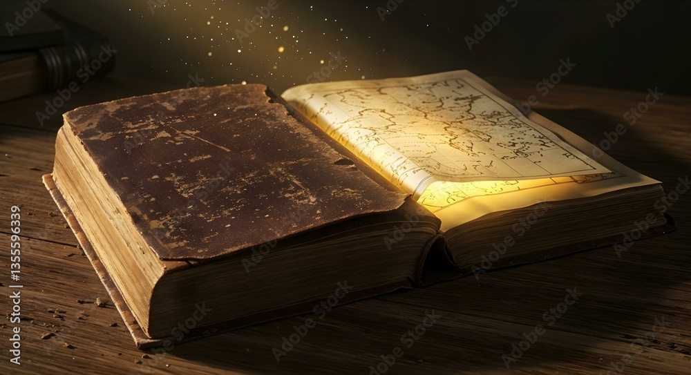 custom made wallpaper toronto digitalOpen Book's Secrets: An aged, open book on a wooden surface, its illuminated pages hinting at hidden knowledge and adventure, accompanied by subtle magical effects.