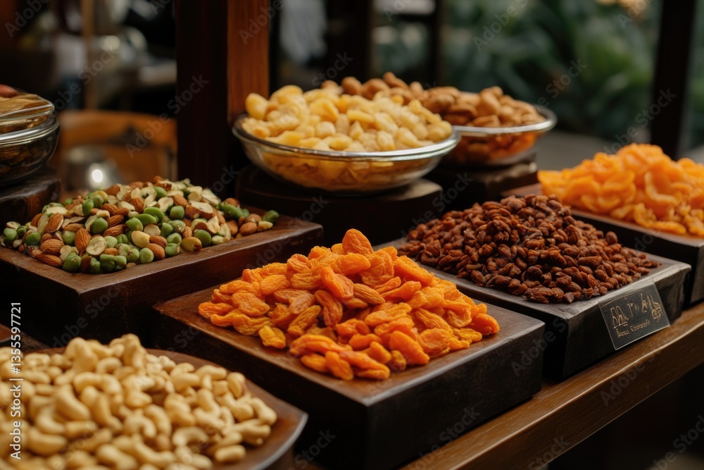 Fototapeta premium Dehydrated fruits, including apricots, along with a variety of nuts.